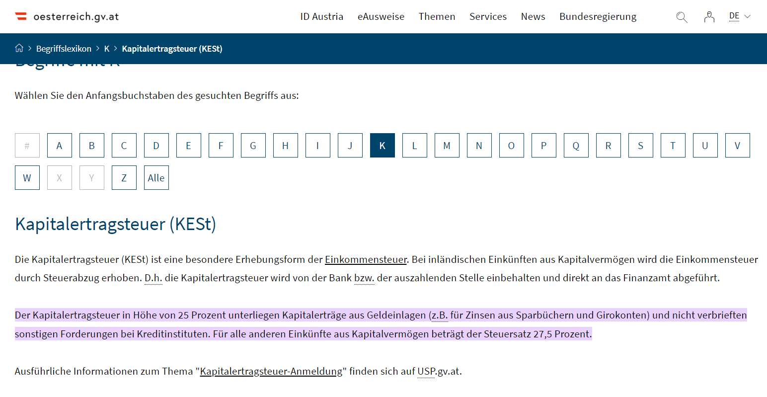 Informationen zur Kapitalertragssteuer auf der Homepage der österreichischen Regierung