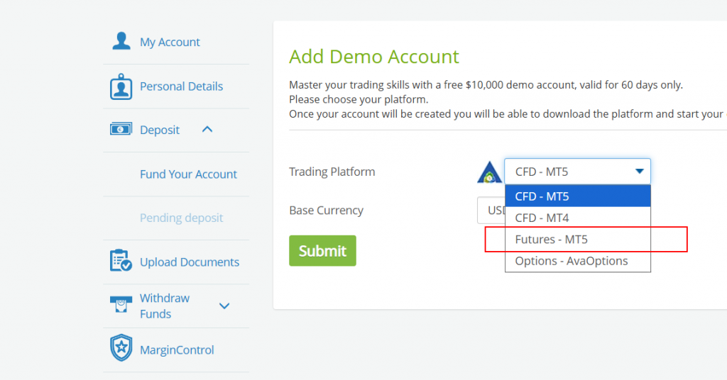 Einrichtung der Handelsplattform MT5 für den Futures Handel bei AvaFutures (Demomodus)