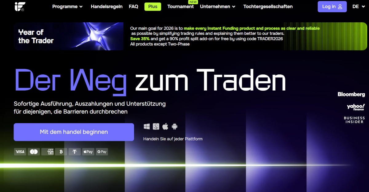 Homepage der deutschsprachigen Website von Instant Funding