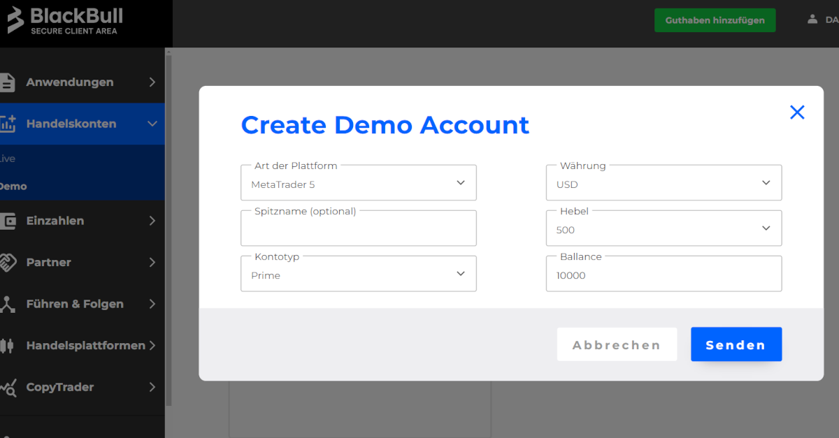 Erstellung eines MT5 Demokontos bei BlackBull Markets