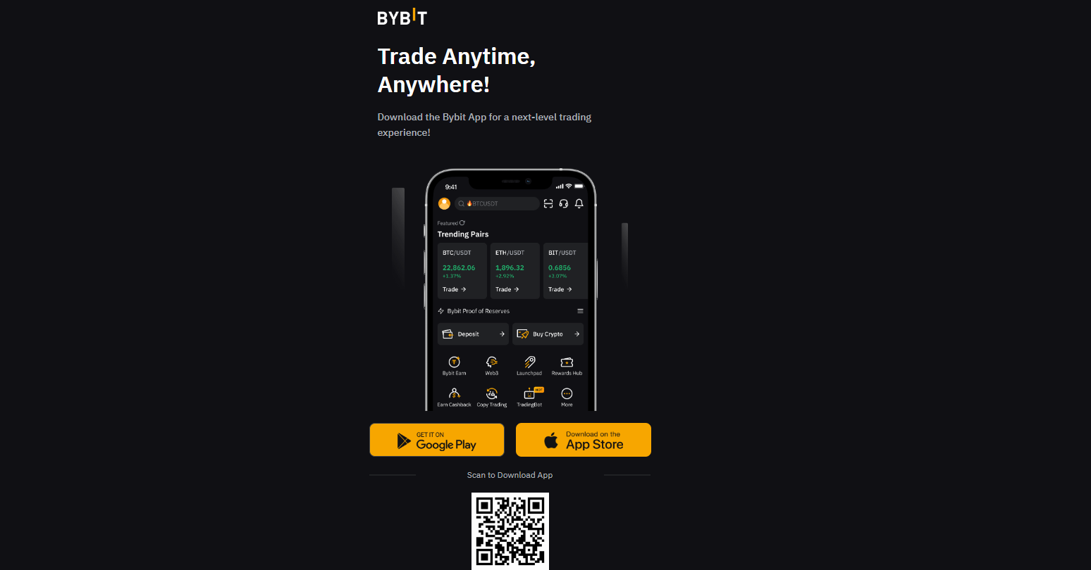 Bybit Website mit Infos zur Krypto App