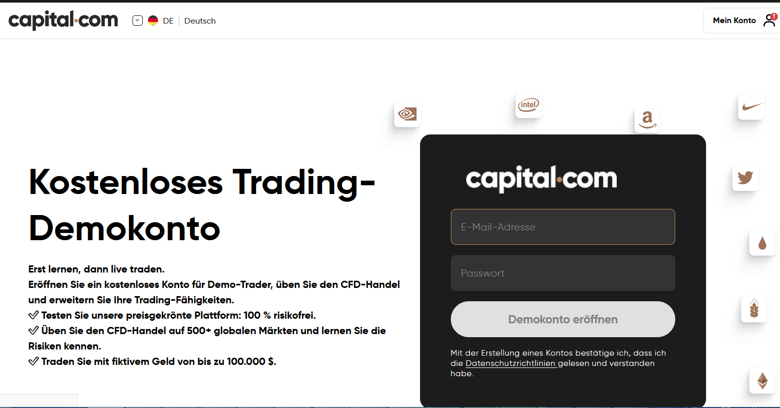Capital.com Website mit Trading Demokonto Eröffnung