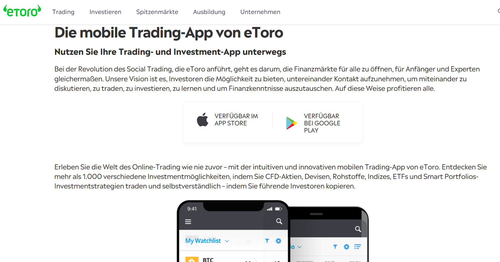 eToro Website mit Info zur App
