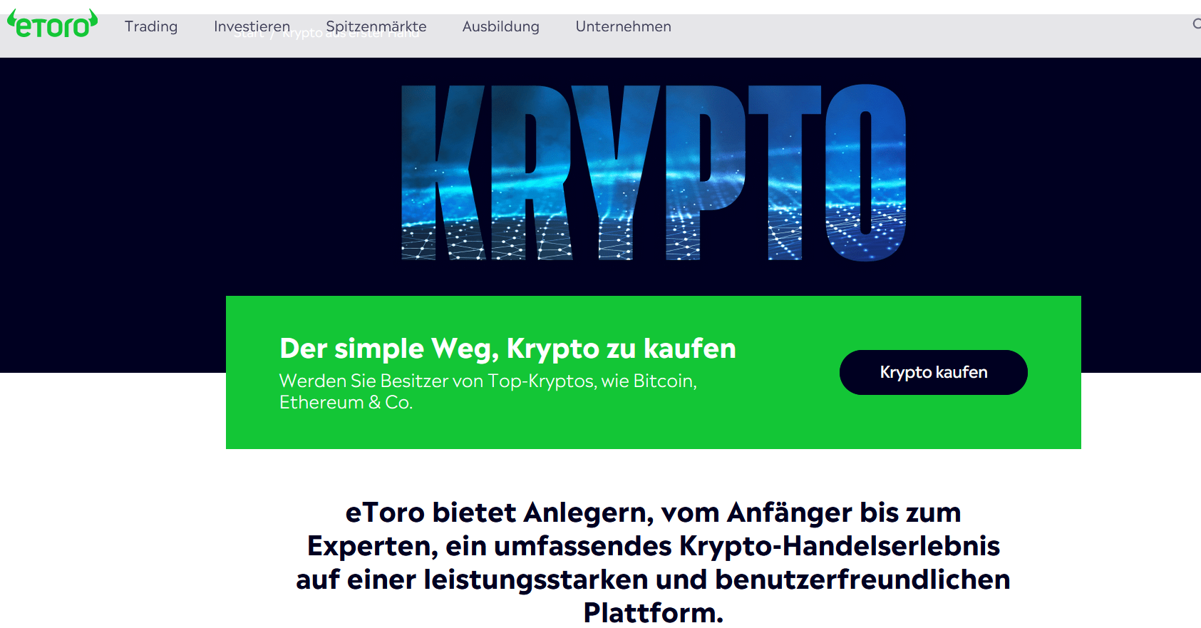 eToro Website mit Infos zum Krypto Trading