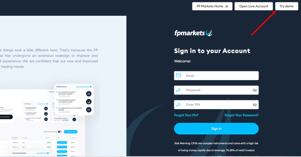 CFD Demokontoeröffnung auf der FP Markets Website