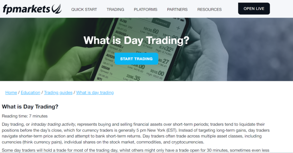 FP Markets Website mit Daytrading Infos