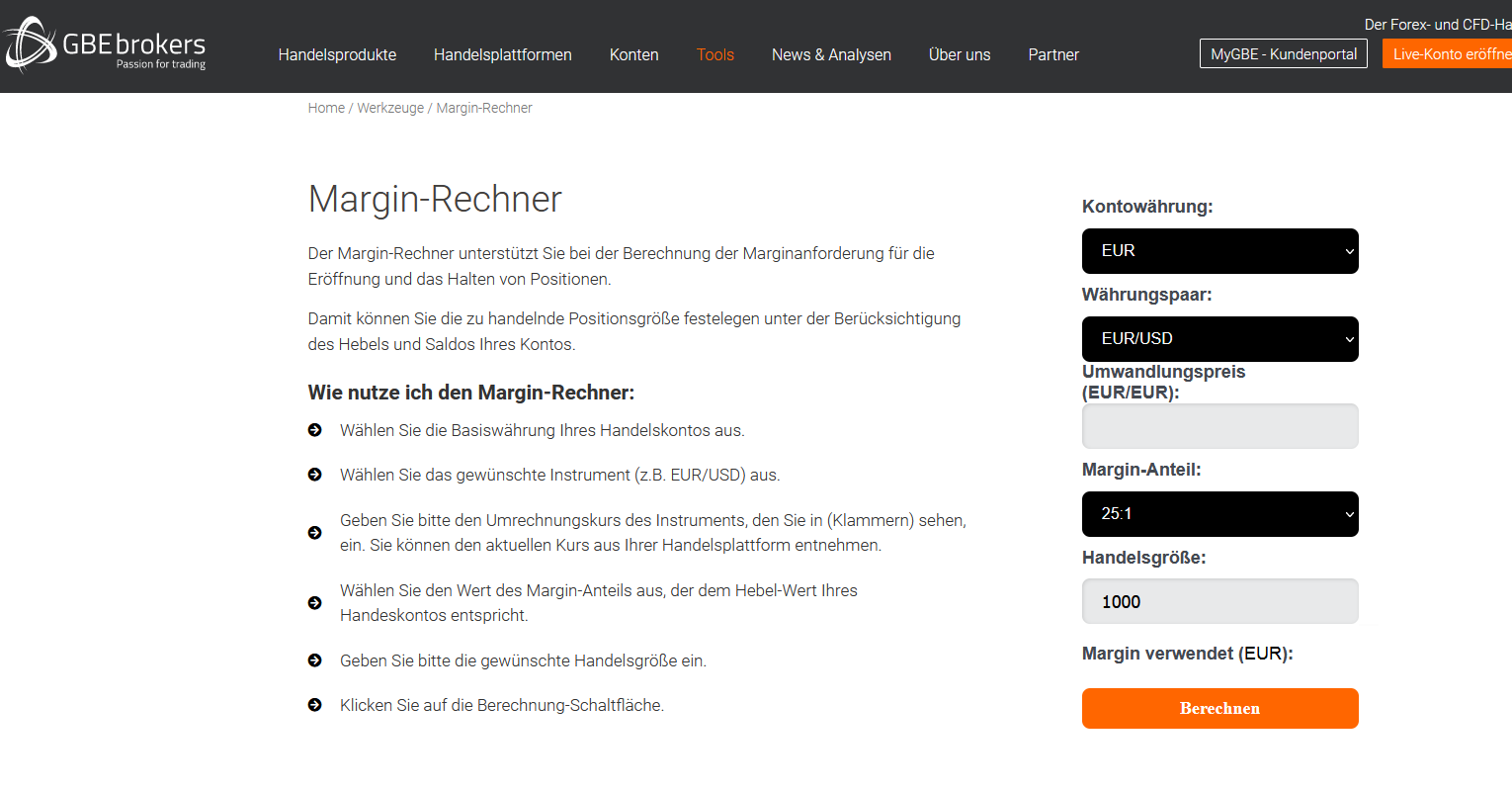GBE Brokers Website mit Margin Rechner