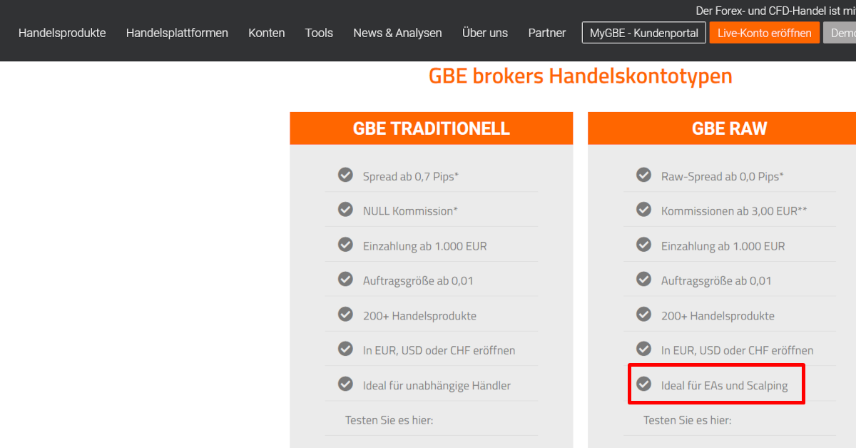 GBE Brokers Website mit Info zu Scalping