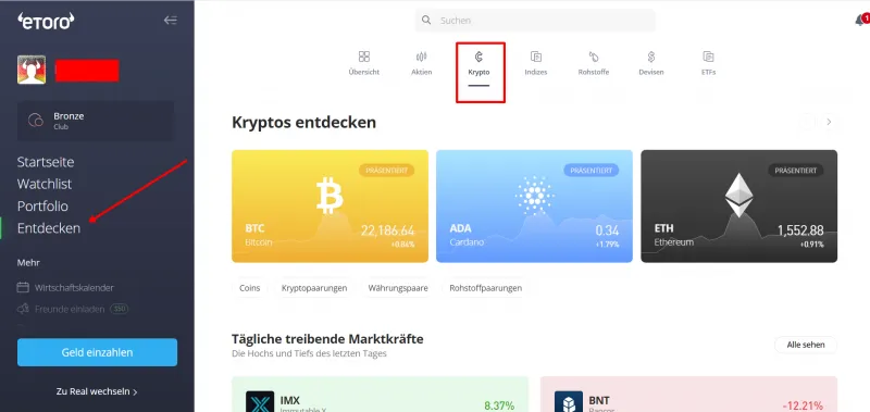 Krypto-Bereich von eToro