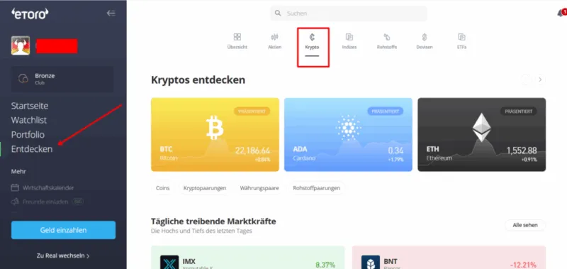 Krypto-Bereich von eToro