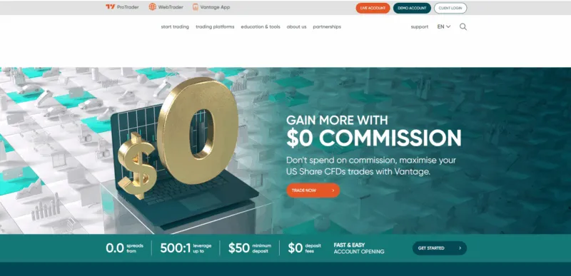 vantage markets website screenshot