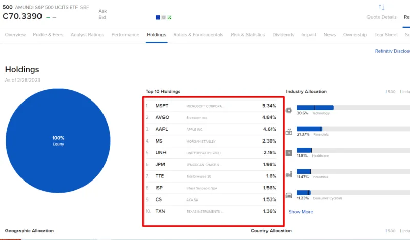 Zusammensetzung eines physischen S&P 500 ETF