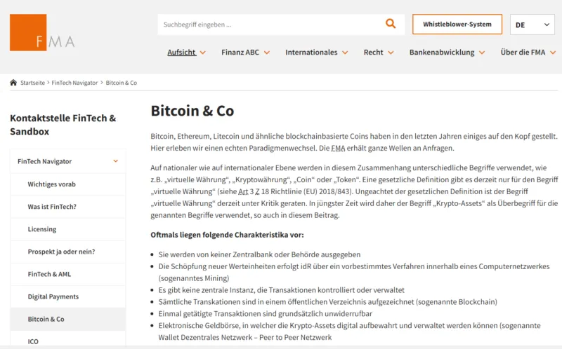 Übersichtsseite der FMA zu Kryptowährungen