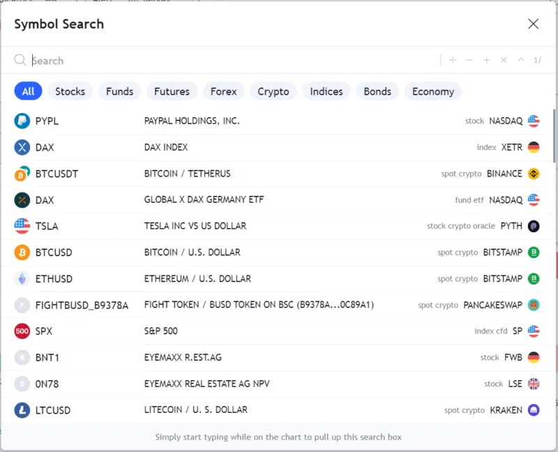 Suchfunktion bei TradingView
