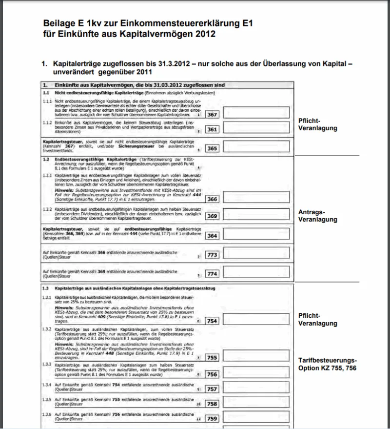 Beilage E 1kv der Steuererklärung
