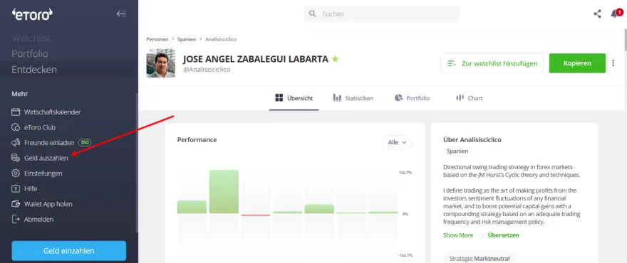 Einzahlungsmenu bei Etoro
