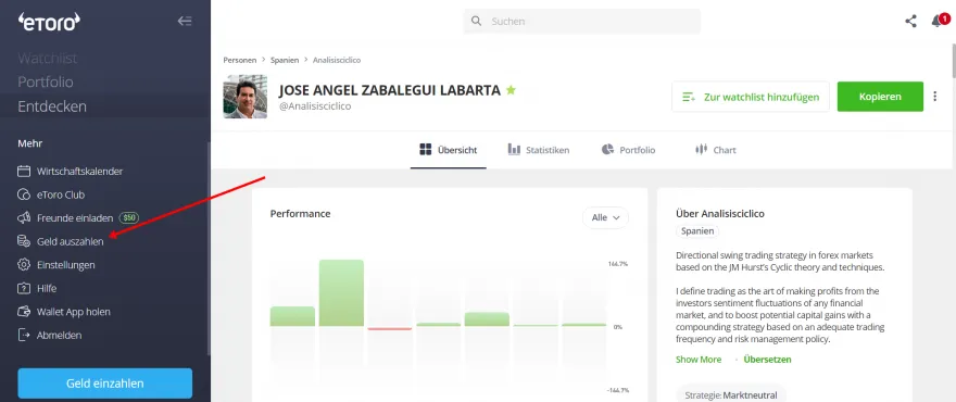 Einzahlungsmenu bei Etoro