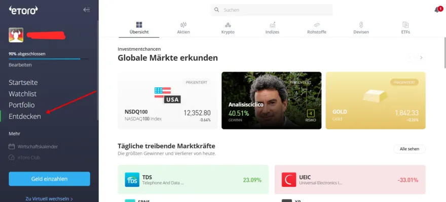 Assets entdecken bei eToro