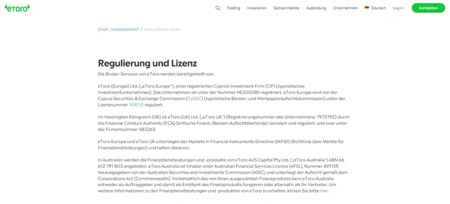 Informationen zu Regulierung und Lizenz auf der eToro-Website