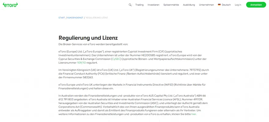 Informationen zu Regulierung und Lizenz auf der eToro-Website