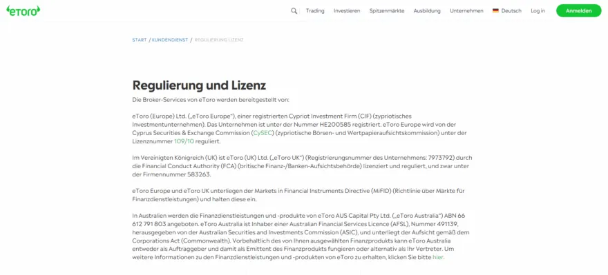 Informationen zu Regulierung und Lizenz auf der eToro-Website