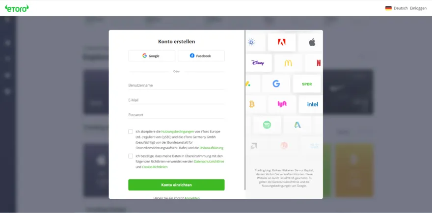 Anmeldung bei eToro
