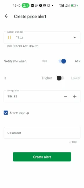Einrichtung eines Kursalarms für die Tesla-Aktie in der cTrader Daytrading App von BlackBull Markets