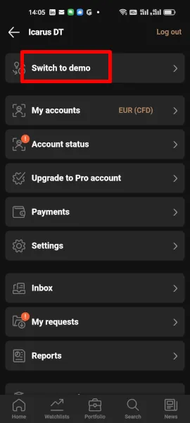 Wechsel zum Demokonto in der ETF App von Capital.com