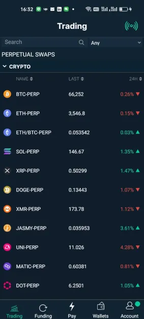 Kryptowährungen Ansicht in der Bitfinex App