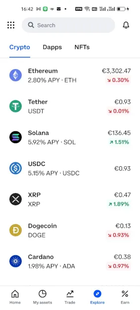 Kryptowährungen Ansicht in der Coinbase App
