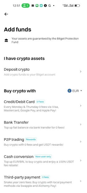 Einzahlungsmenü der Bitget App
