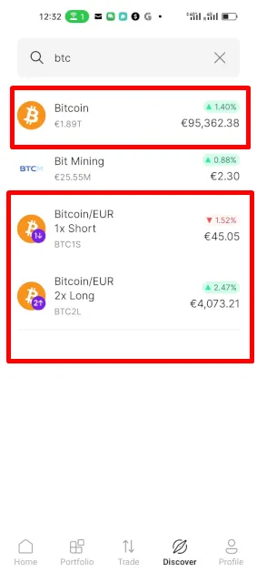 Verfügbare BTC Assets in der Bitcoin Trading App von Bitpanda