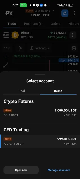 Auswahl von Futures und CFDs in der PrimeXBT Bitcoin Trading App
