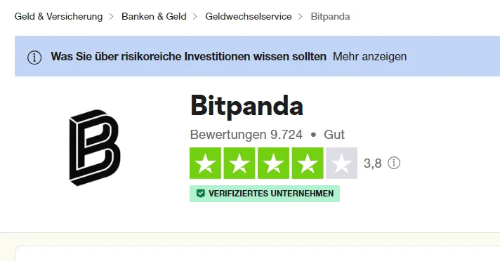 Gesamtbewertung für Bitpanda bei Trustpilot
