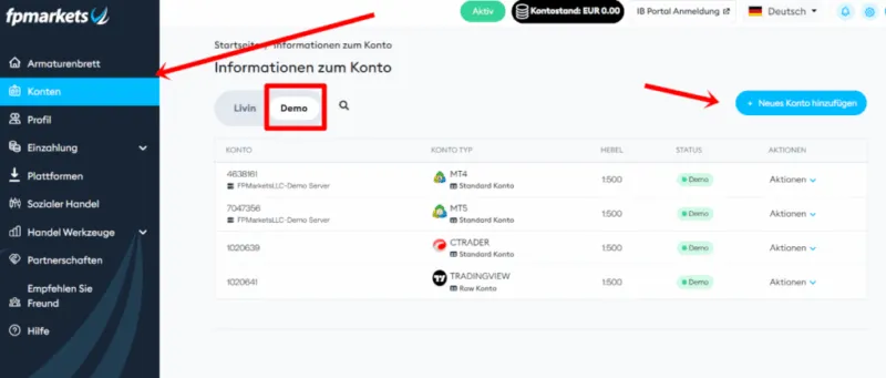 Demokonto erstellen im Kundenbereich von FP Markets