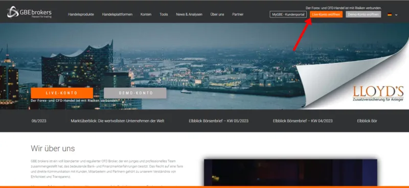 Website von GBE Brokers und Forex Konto Eröffnung