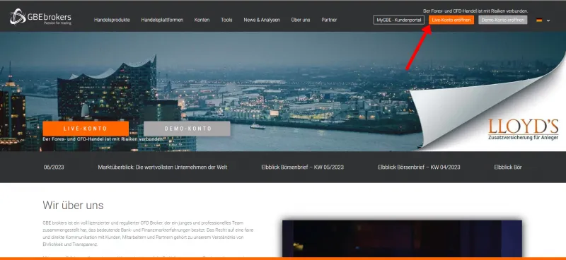 Website von GBE Brokers und Forex Konto Eröffnung