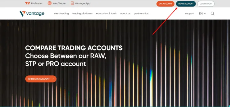 Vantage Markets Website mit Forex Demokonto Eröffnung