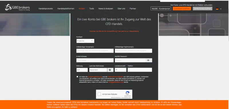 Registrierungsformular bei der GBE Brokers Kontoeröffnung