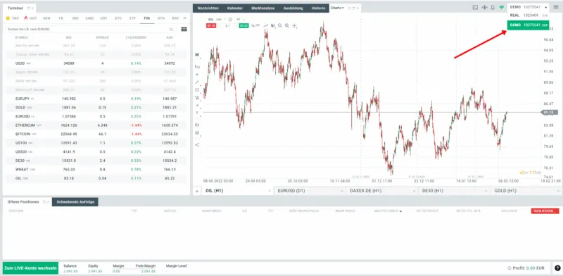 Auswahl zwischen Aktien Demokonto und Livekonto bei XTB