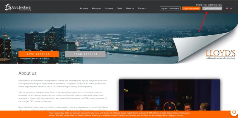 GBE Brokers Website mit Forex Demokonto Eröffnung