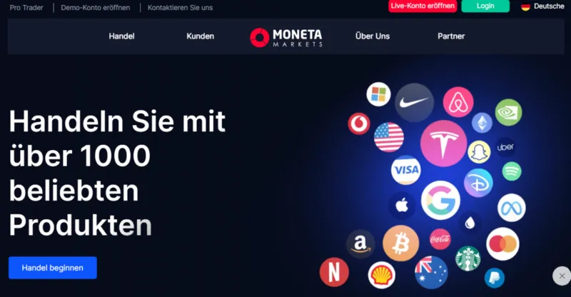 Moneta Markets Webseite, Broker mit Hebel bis 1:1000
