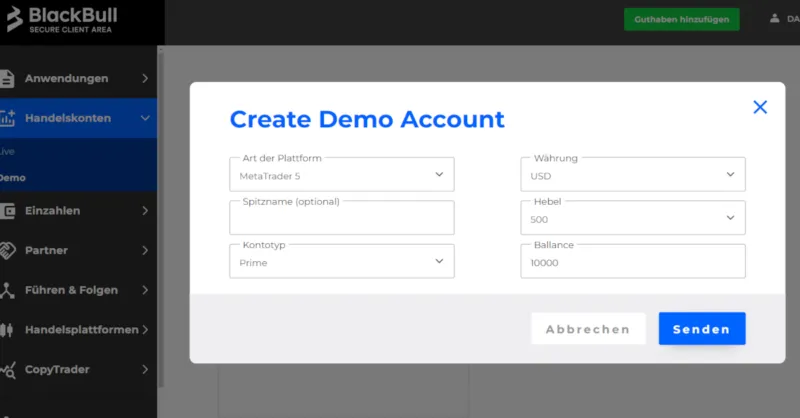 Erstellung eines Trading Demokontos bei BlackBull Markets