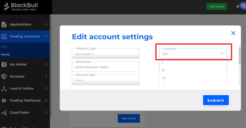 Auswahl des Hebels im BlackBull Markets Demokonto