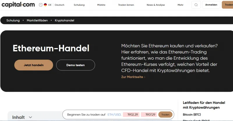 Capital.com Website mit Infos zu Ethereum