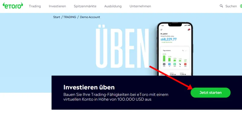 Daytrading Demokonto eröffnen auf der eToro Website