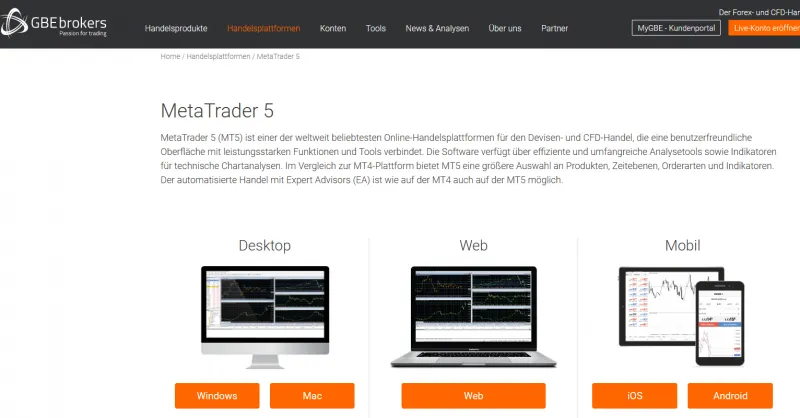 GBE Brokers Website mit Infos zu  MetaTrader 5