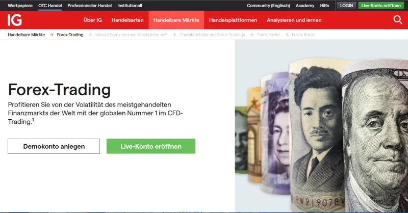 IG Website mit Info zum Forex Handel