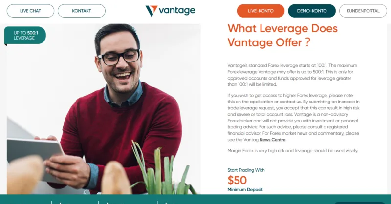 Vantage Markets Website mit Info zu Hebeln bis zu 1:500