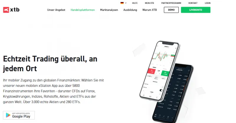 XTB Website mit Info zur Aktien App